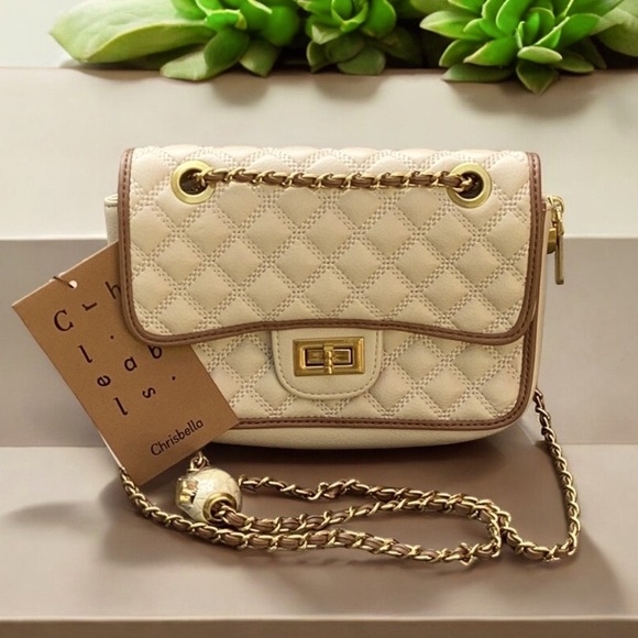 Chrisbella Quilted NWT Leather Cream Bone Shoulder Bag Crossbody Antique Gold - Picture 1 of 9